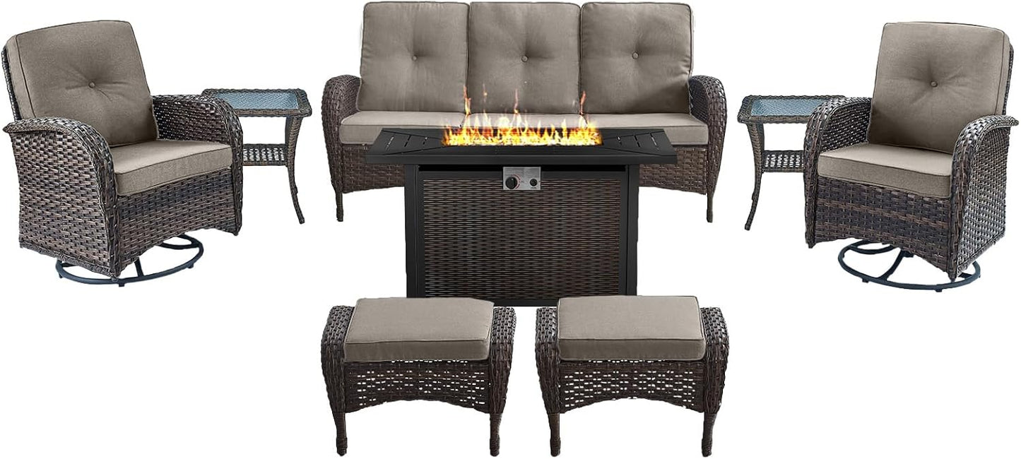 8 Piece Patio Furniture Set with 50000 BTU Propane Fire Pit Table, Outdoor Conversation Set with 2 Swivel Rocker Chairs Wicker Sofa and Ottomans for Casual Gatherings Grey