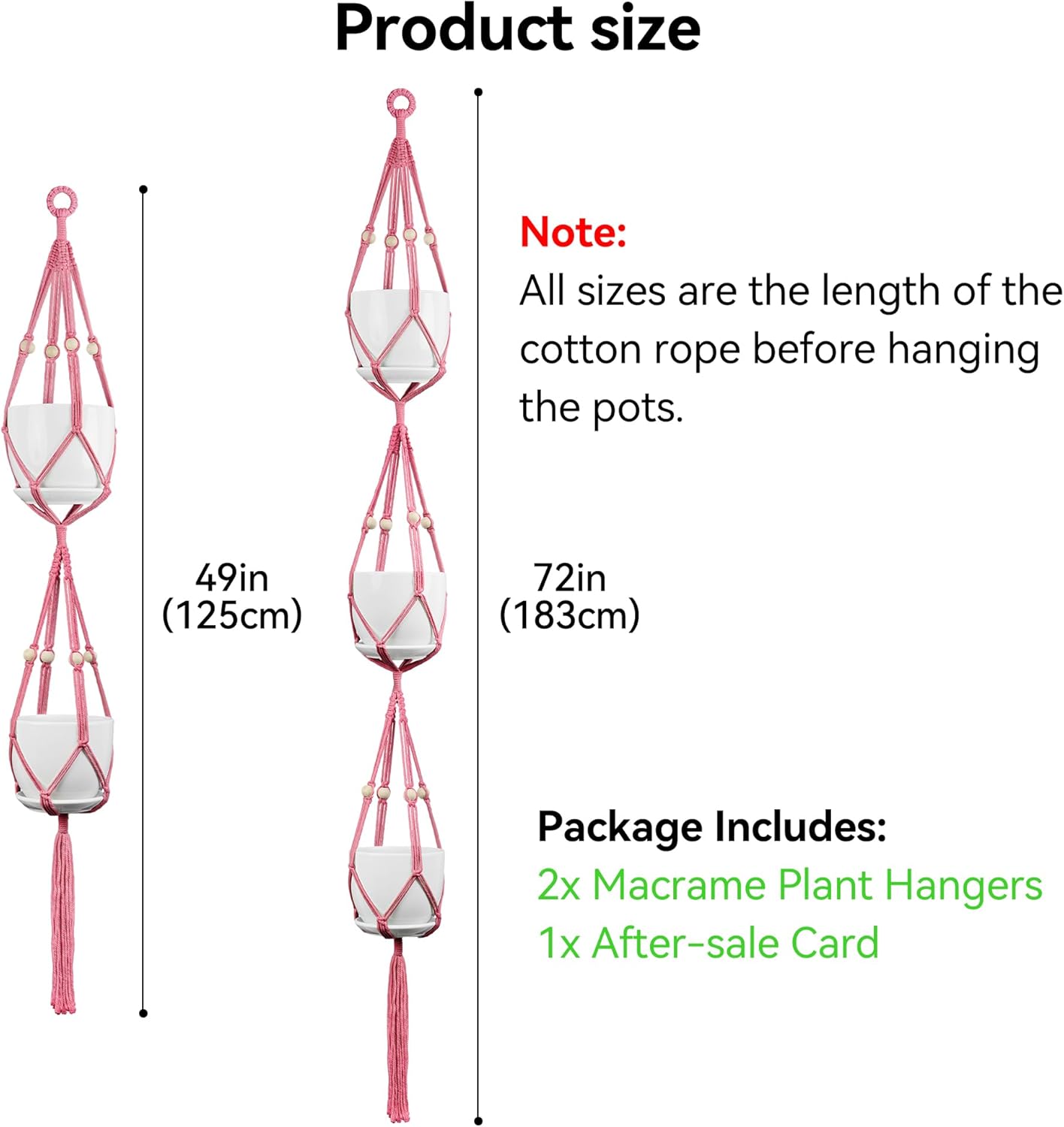 USLAI Macrame Plant Hanger Indoor Outdoor, Up to 4-15 inch Pot, Heavy 20lb Planters, Extra Long Strong Hanging Planter Basket Holder, Boho Home Decor, 49+72 Inch, Pink (POTS NOT Included)