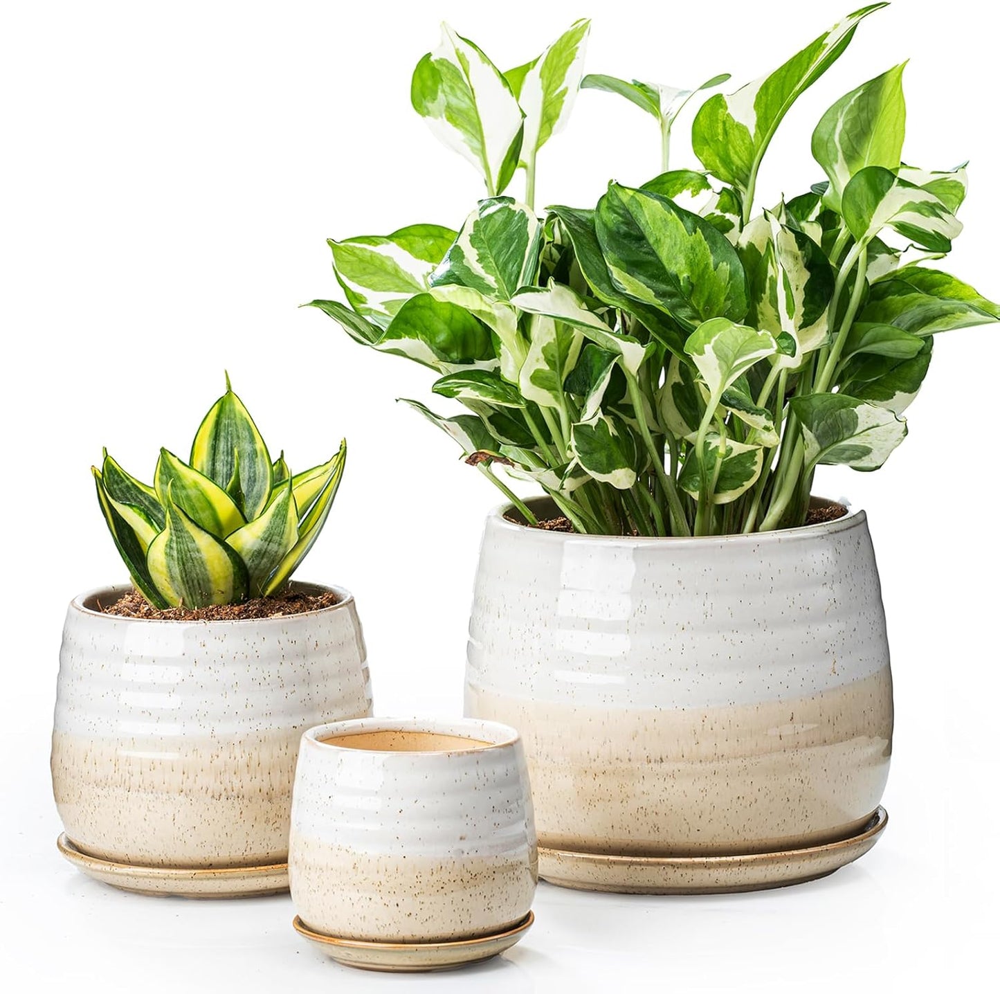 3 Pack Ceramic Small Plant Pots Planters for Indoor Flowers Plants with Drainage Holes & Saucer, Cactus Succulent, Home Decor, 3.4+4.7+6.1 Inch Flower Pot Set of 3, White