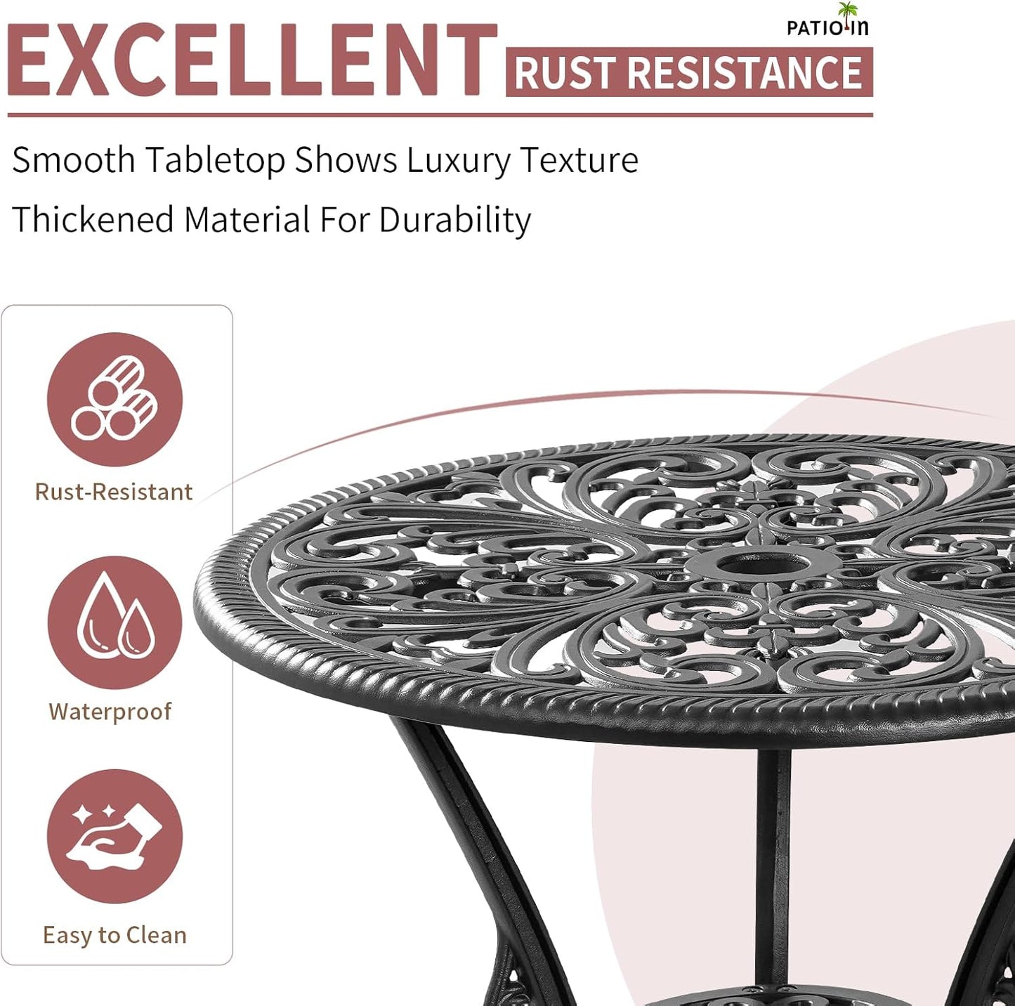 Outdoor Bistro Set 3 Piece, Patio Bistro Set, Cast Aluminum Bistro Set, Patio Table Set with 1.97" Umbrella Hole for Yard, Deck, Front Porch