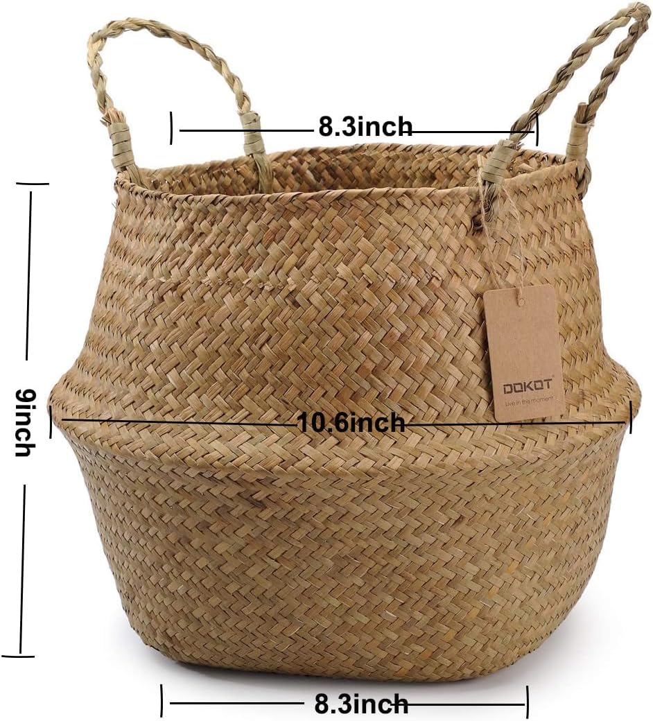 DOKOT Seagrass Plant Basket with Handles, Wicker Woven Storage Basket (8.3inch Diameter x 9inch Height), Natural
