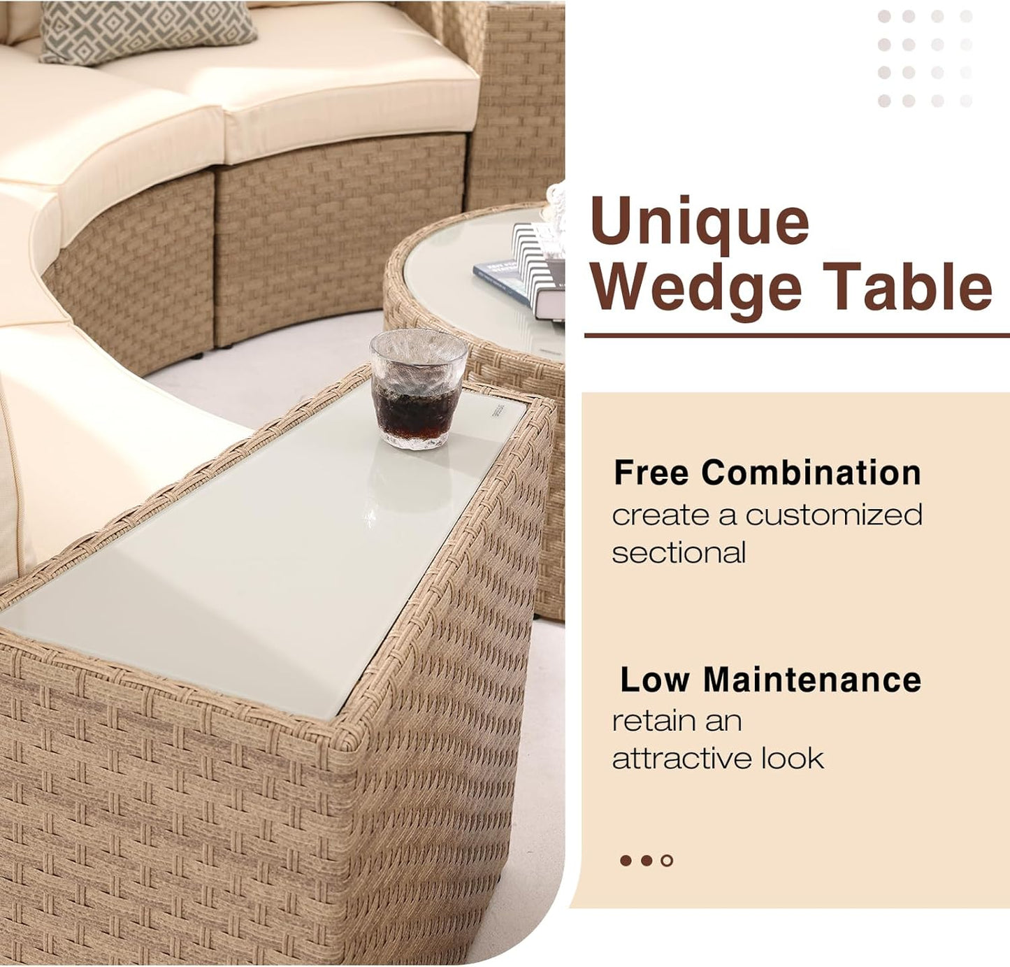 SUNSITT Outdoor Patio Furniture 11-Piece Half-Moon Sectional Round Patio Furniture Set Curved Outdoor Sofa with Tempered Glass Round Coffee Table, 4 Pillows, Natural Color Rattan