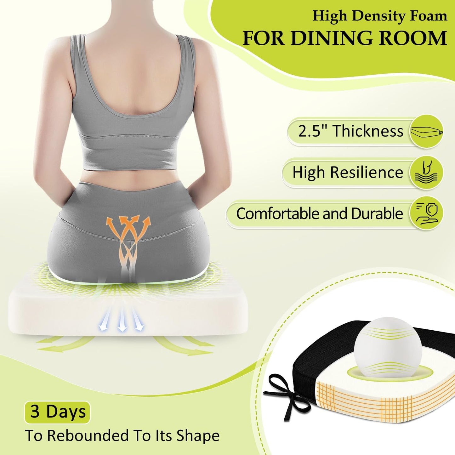 Chair Cushions for Dining Chairs, Indoor Chair Cushions with Ties，Waterproof Chair Pads Set of 4, Black, 17x16x2.5 Inch