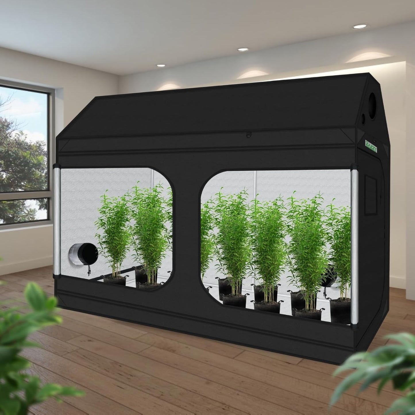 zazzy 4x8 Grow Tent, 96"x48"x72" Roof Cube Indoor Plant Grow Tents with Observation Windows, Lightproof Roof Cube Mylar Hydroponic Growing Tent with Floor Tray Plant Growth