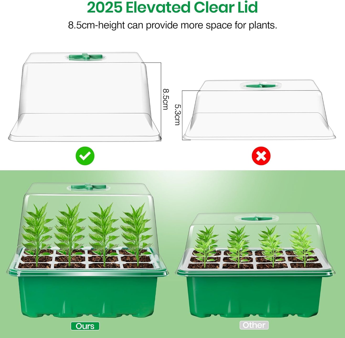 Bonviee 5 Packs Seed Starter Tray with Plant Light, Elevated Seedling Starter Trays Kits with Adjustable Humidity Domes and Clear Cell Tray, 12 Full Spectrum led lamp Beads for Plants Indoor-Green