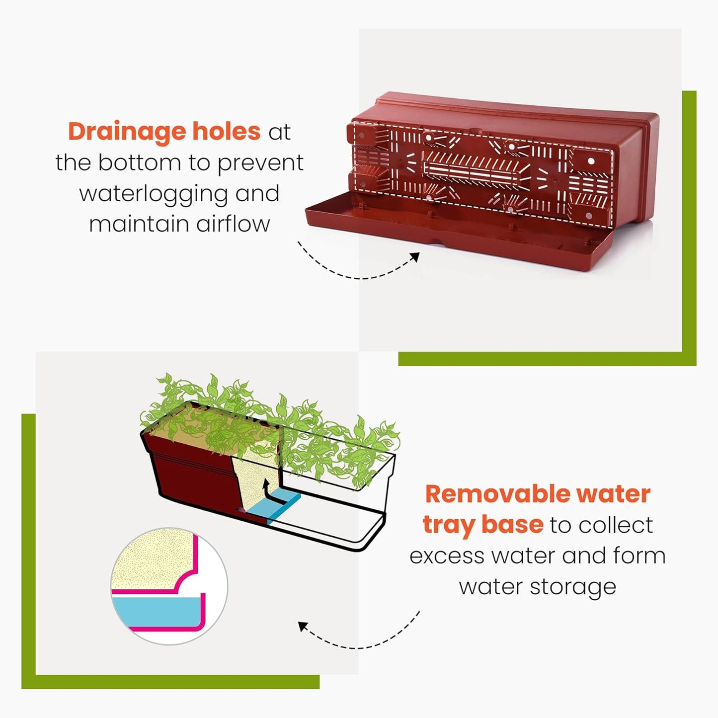 Mintra Window Box Planter, Window Planter Box for Indoor Outdoor Use, Rectangular Pots with Saucers & Drainage Holes, Decorative Plant Pots for Window Sill, Shelf, Desktop, 19" Wx6.75 H, Red