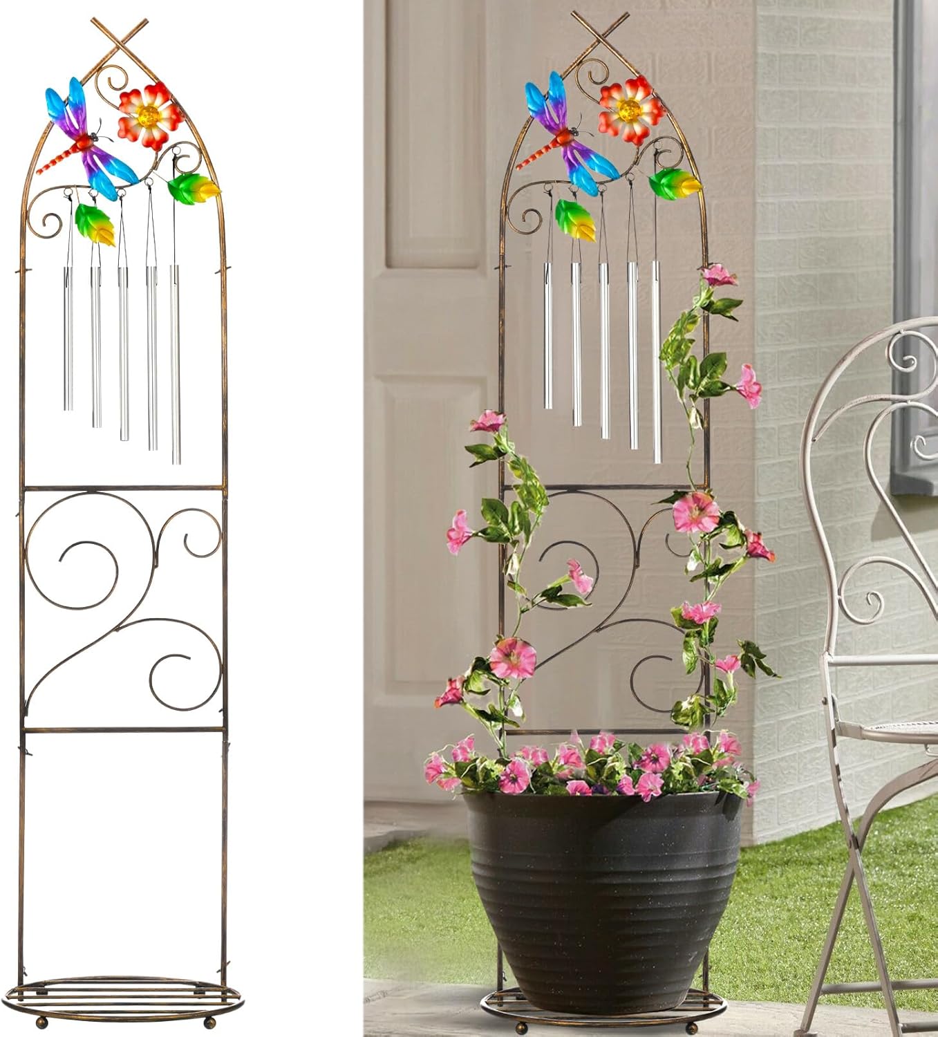 Garden Trellis with Plant Stands, 48” Metal Detachable Dragonfly Plant Pot Trellis with Wind Chimes for Climbing Plants Outdoor Lawn Patio Porches Decor