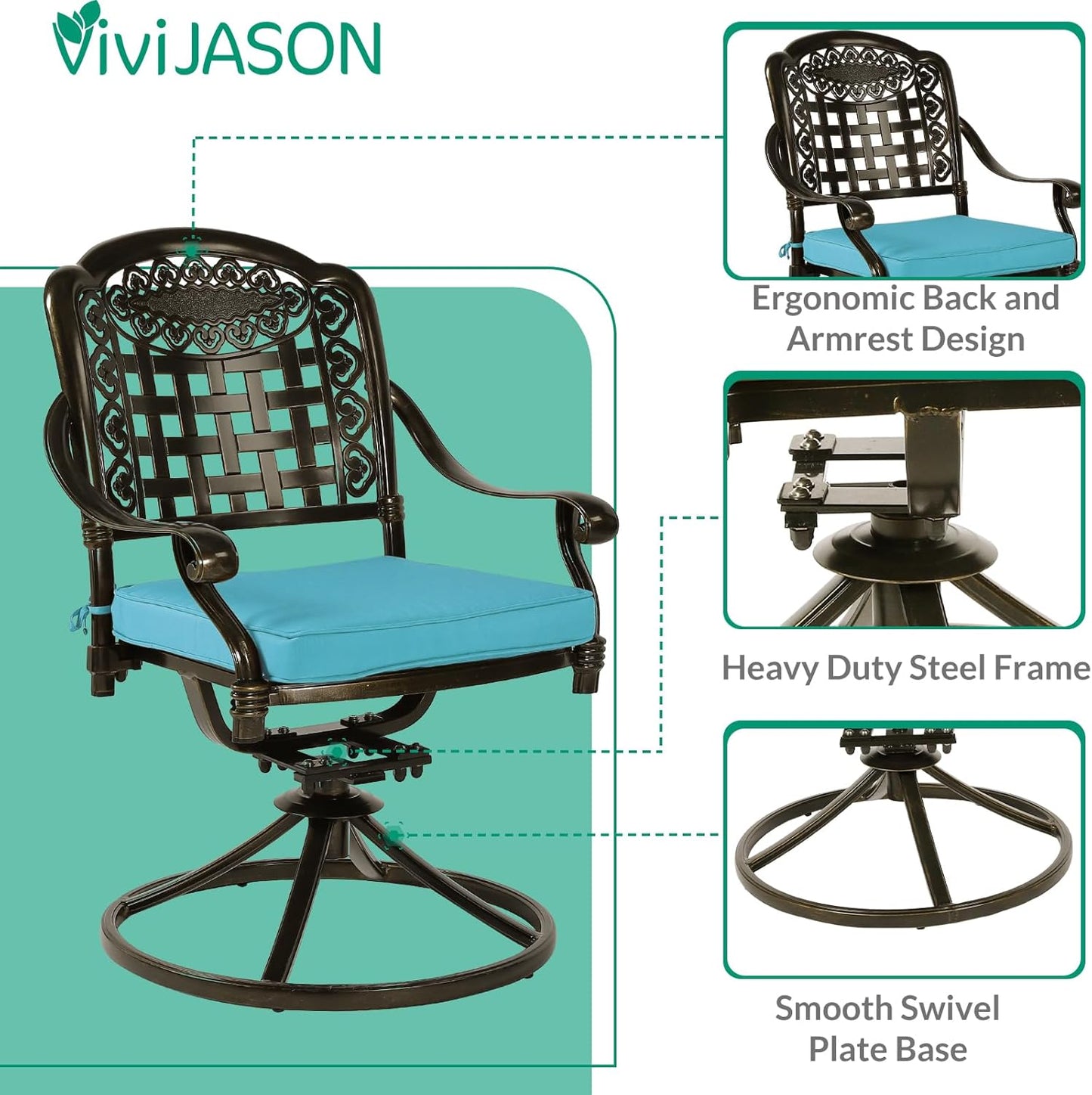 VIVIJASON 3-Piece Patio Bistro Set, Outdoor All-Weather Cast Aluminum Furniture Dining Set, Include 2 Swivel Chairs and 31" Round Table w/Umbrella Hole for Balcony, Lawn, Garden (Ocean Blue Cushion)