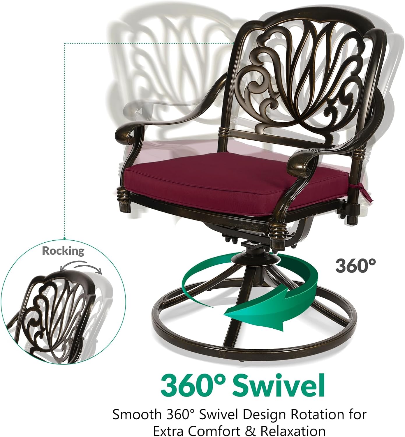 VIVIJASON 3-Piece Patio Furniture Dining Set, Outdoor All-Weather Cast Aluminum Bistro Set, Include 2 Swivel Chairs and 31" Round Table w/Umbrella Hole for Balcony, Lawn, Garden (Red Cushion)