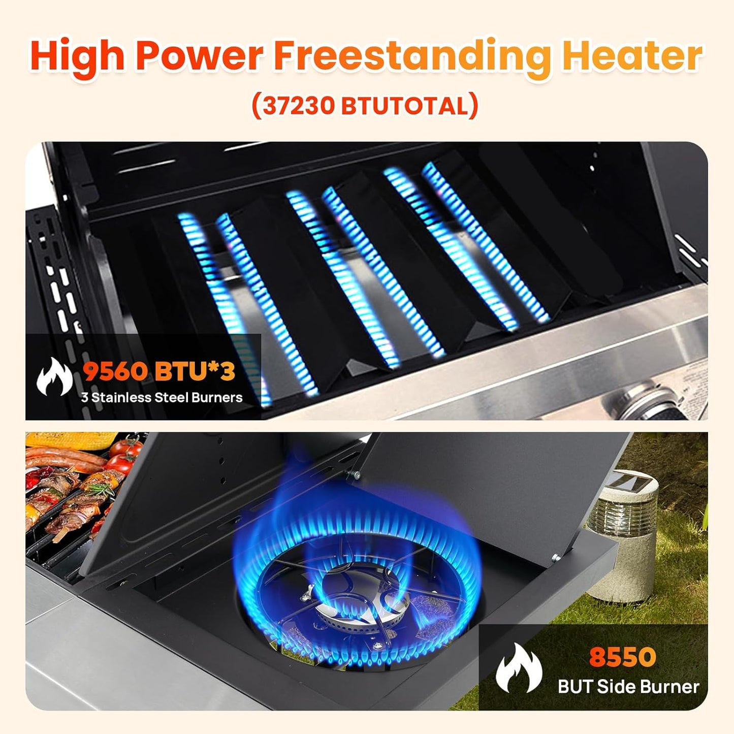 3-Burner Propane Gas BBQ Grill with Side Burner, Porcelain-Enameled Cast Iron Grates, Foldable Side Table, 37,230 BTU Stainless Steel Grill for Outdoor Camping Barbecue Grilling Backyard Cooking