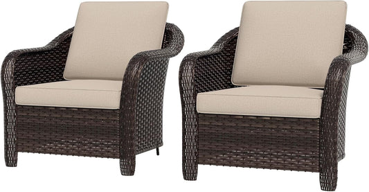 Outdoor Wicker Chair Set of 2, All-Weather Use Patio Rattan Chair with Seat and Back Cushion, Ideal for Porch, Backyard, Balcony, Poolside, Beige