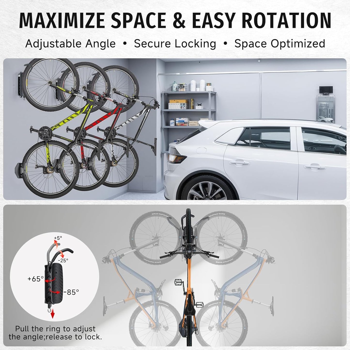 Bike Rack Garage,Bike Wall Mount, 150° Swivel & Space-Saving Vertical Bike Hangers for Storage, Sturdy Bike Stand Holds Up to 66lbs, Easy to Install, 2 Pack