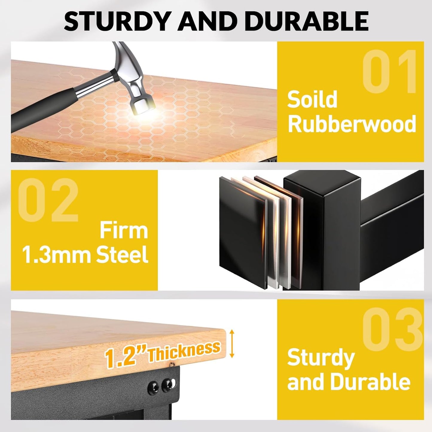 48" Workbench with Drawers, Adjustable Height Work Bench 2000 LBS Heavy-Duty Work Table Rubber Wood Work Station with Power Outlet & Pegboard for Garage, Office, Workshop, Home, Party Shop