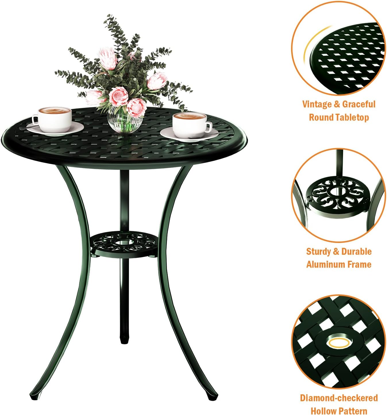 3 Piece Patio Bistro Set, Outdoor Bistro Table and Chairs Set of 2 w/Umbrella Hole, Rust-Resistant Cast Aluminum Bistro Set for Garden/Balcony/Backyard, Green
