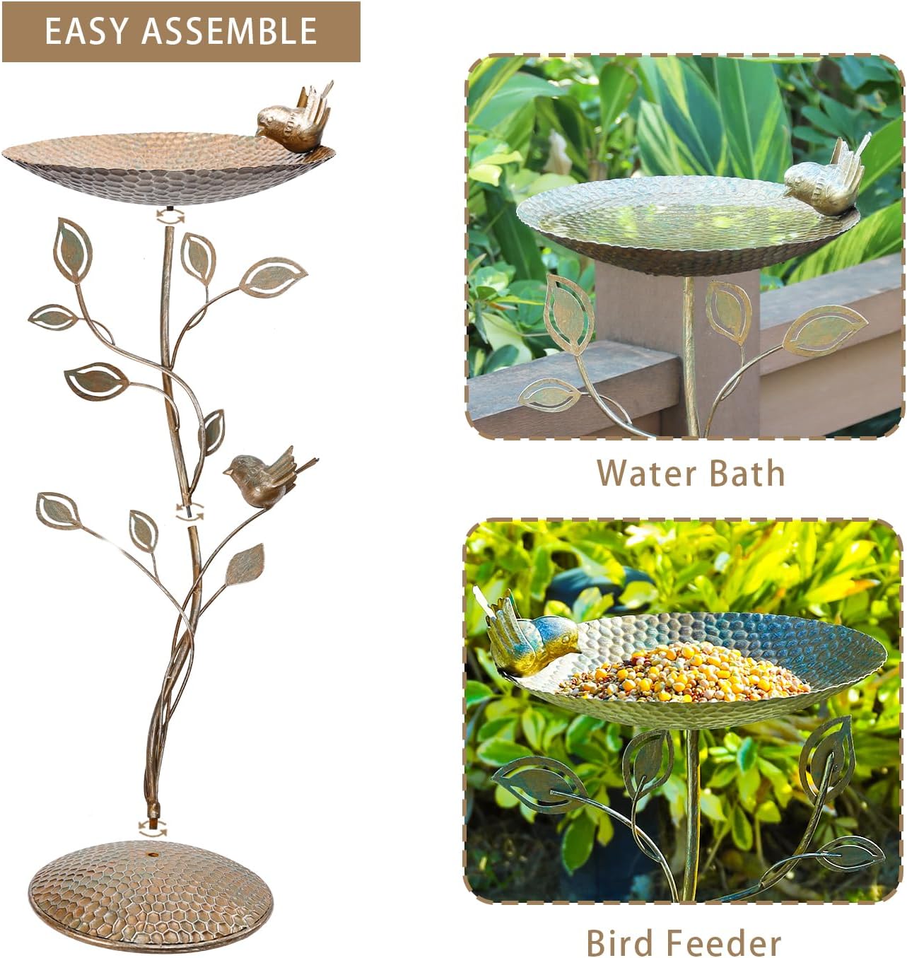 29.9" H Cast Iron Bird Baths for Outdoors, Vintage Pedestal Bird Bath with Bird Statues Metal Birdbaths Bird Feeder Bowl Tray Garden Yard Decoration, Copper