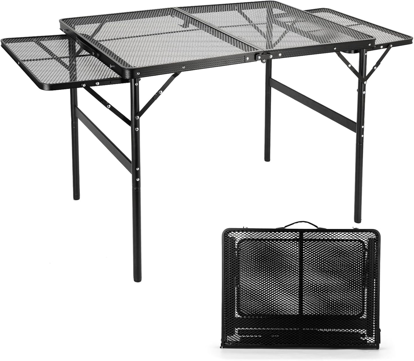 Grill Table Folding Table with 2 Wing Panels 3FT+1.4 FT with Mesh Desktop 2 Height Adjustable Portable Grill for Outdoor Indoor Beach BBQ Picnic Travel RV Black