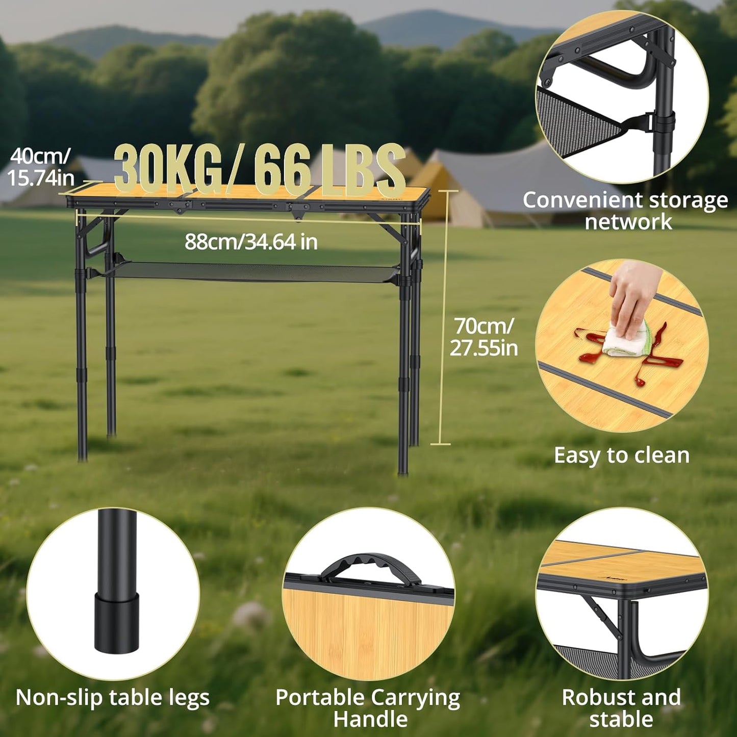 3ft Camping Table Foldable with Storage Net and Bag, 3 Adjustable Heights High 27.5" Aluminum Camping Table, Portable, for Outdoor Indoor Backyard BBQ Cooking Party Picnic Beach, Yellow