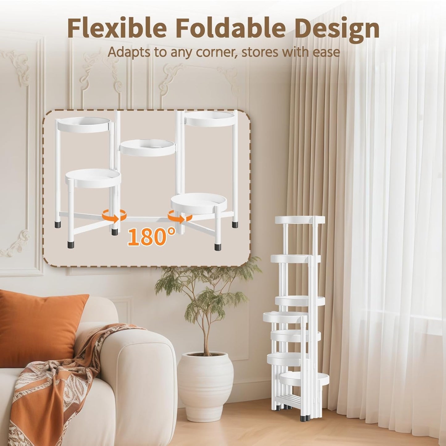 LASZOLA 7 Tiered Folding Plant Stand Indoor for Multiple Large Planter, Tall Heavy Duty Adjustable Rack with Rust Proof 10 Inch Wide Tray, Sturdy Vertical Tree Organizer for Narrow Inside Floor, White