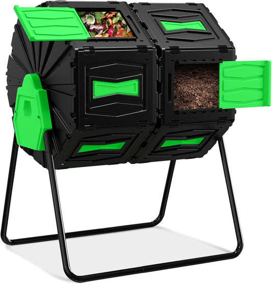 Compost Tumbler, Easy Assemble & Efficient Outdoor Compost Bin, 45 Gallon/170 Liter Large Dual Chamber Rotating Composter for Garden, Kitchen, and Yard Waste, Green Door