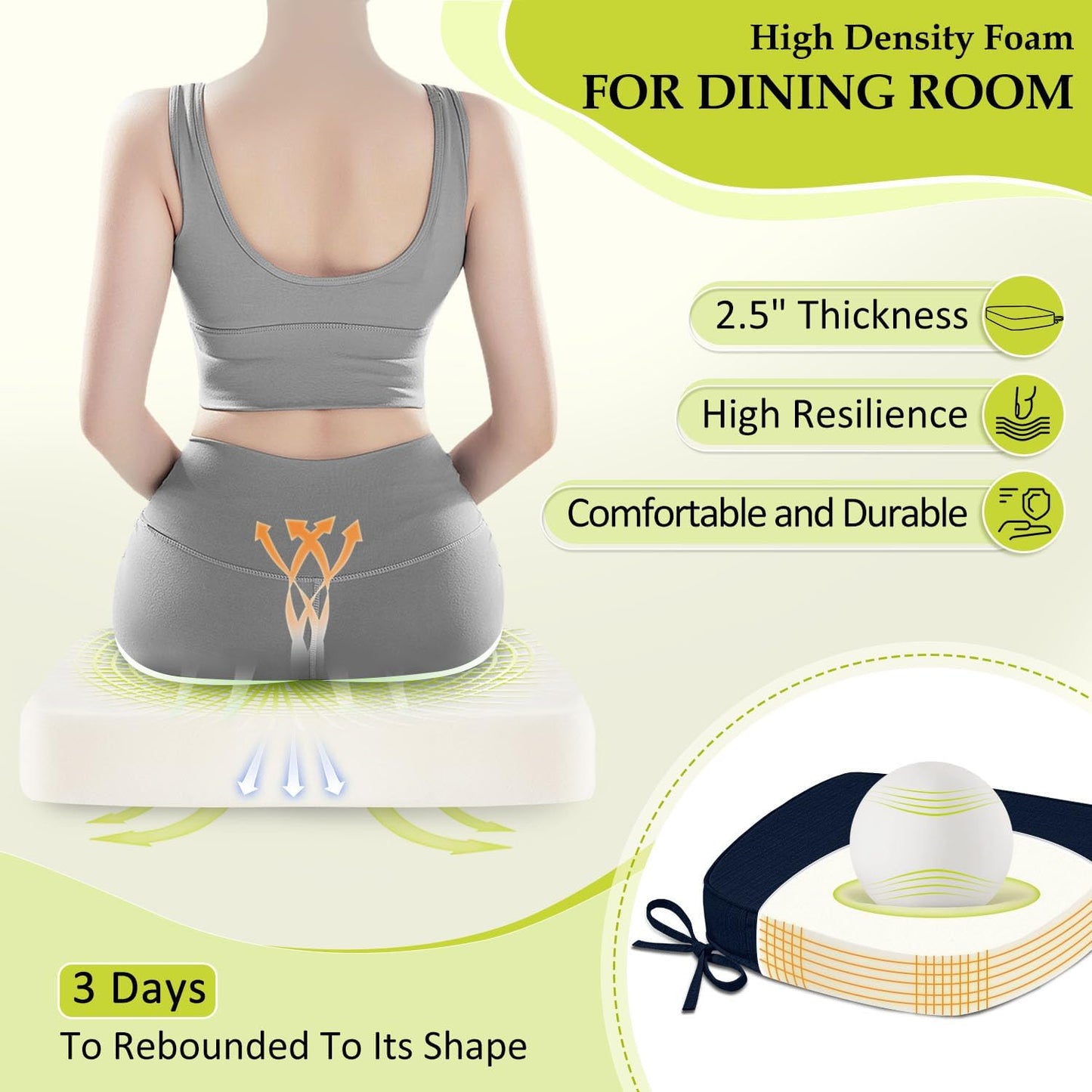 Chair Cushions for Dining Chairs, Indoor Chair Cushions with Ties，Waterproof Chair Pads Set of 4, Navy Blue, 17x16x2.5 Inch