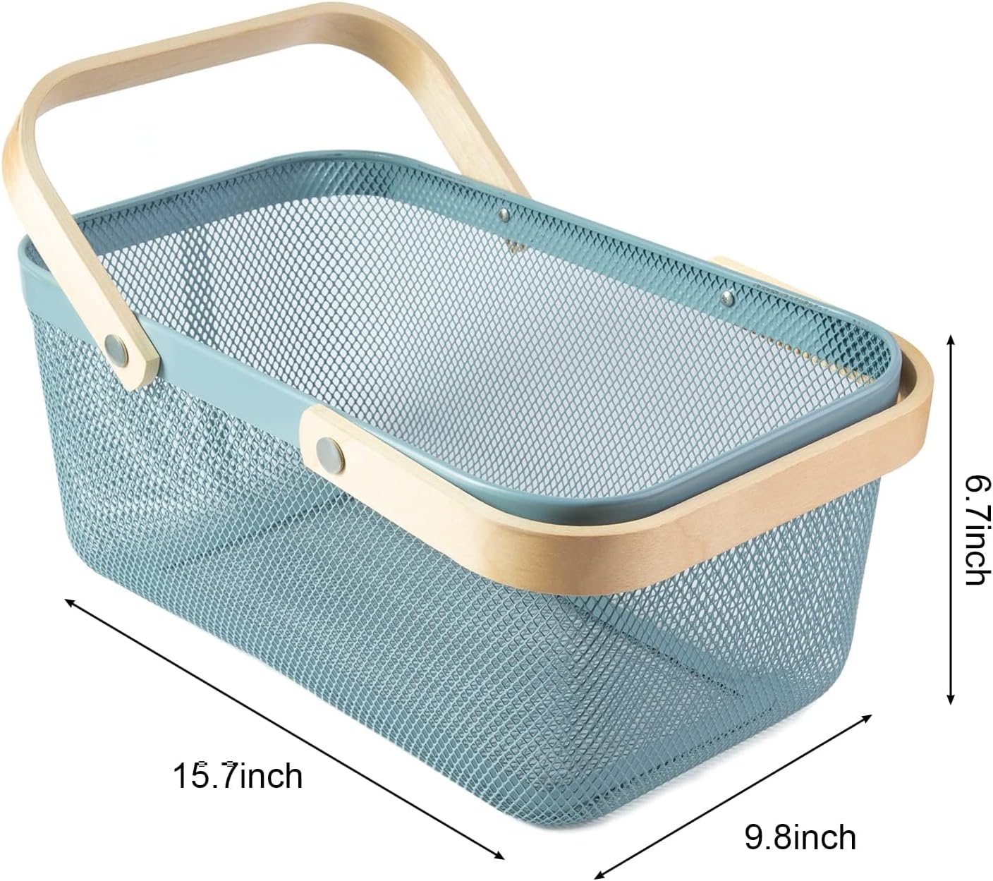 Portable Garden Harvest Basket-Mesh Design Natural Bamboo Handle Wire Storage Baskets,Mesh Basket with Handle Organize Items Reduce Space Occupation,Suitable for Kitchen,Garden,Picnic(Blue)