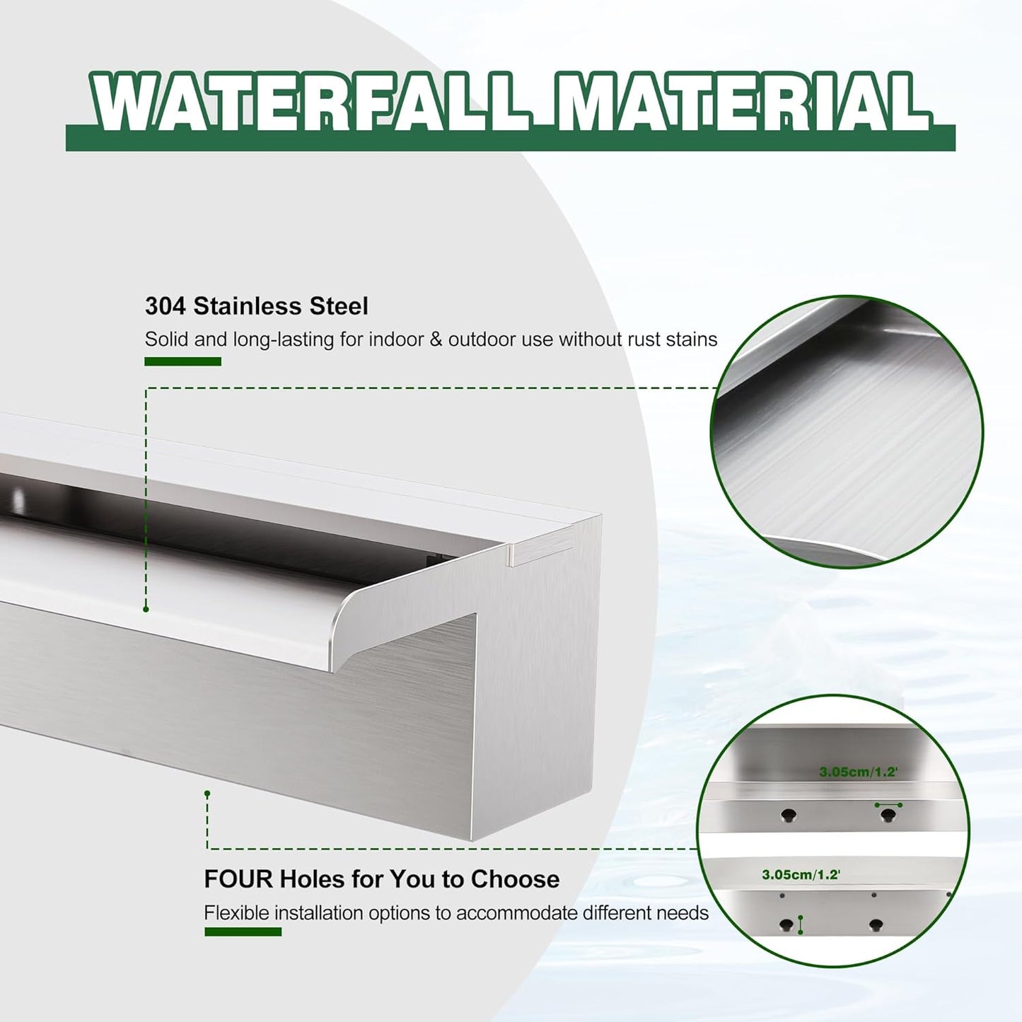 Waterfall Pool Fountain LONGRUNNEW 304 Stainless Steel 35.4" Rectangular Waterfall Spillway, Water Fall Fountain with Pipe Connector for Garden Outdoor, Swimming Pools, Fountains, Pond and Spa