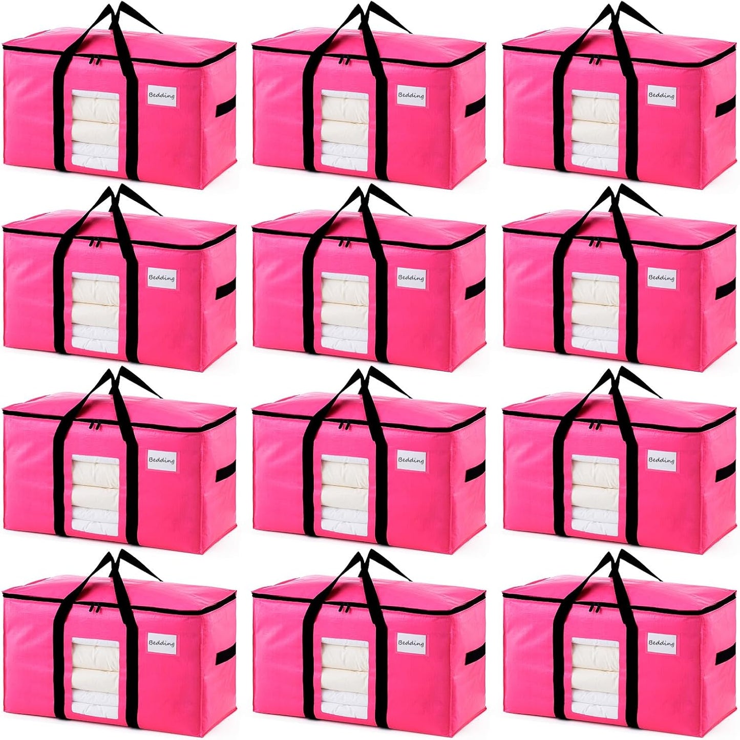 TAILI 12 Pack Pink Extra Large Moving Bags, Heavy Duty Totes with Visible Window, Wrap Around Handles, Space-Saving Storage Solution, Alternative to Moving Boxes