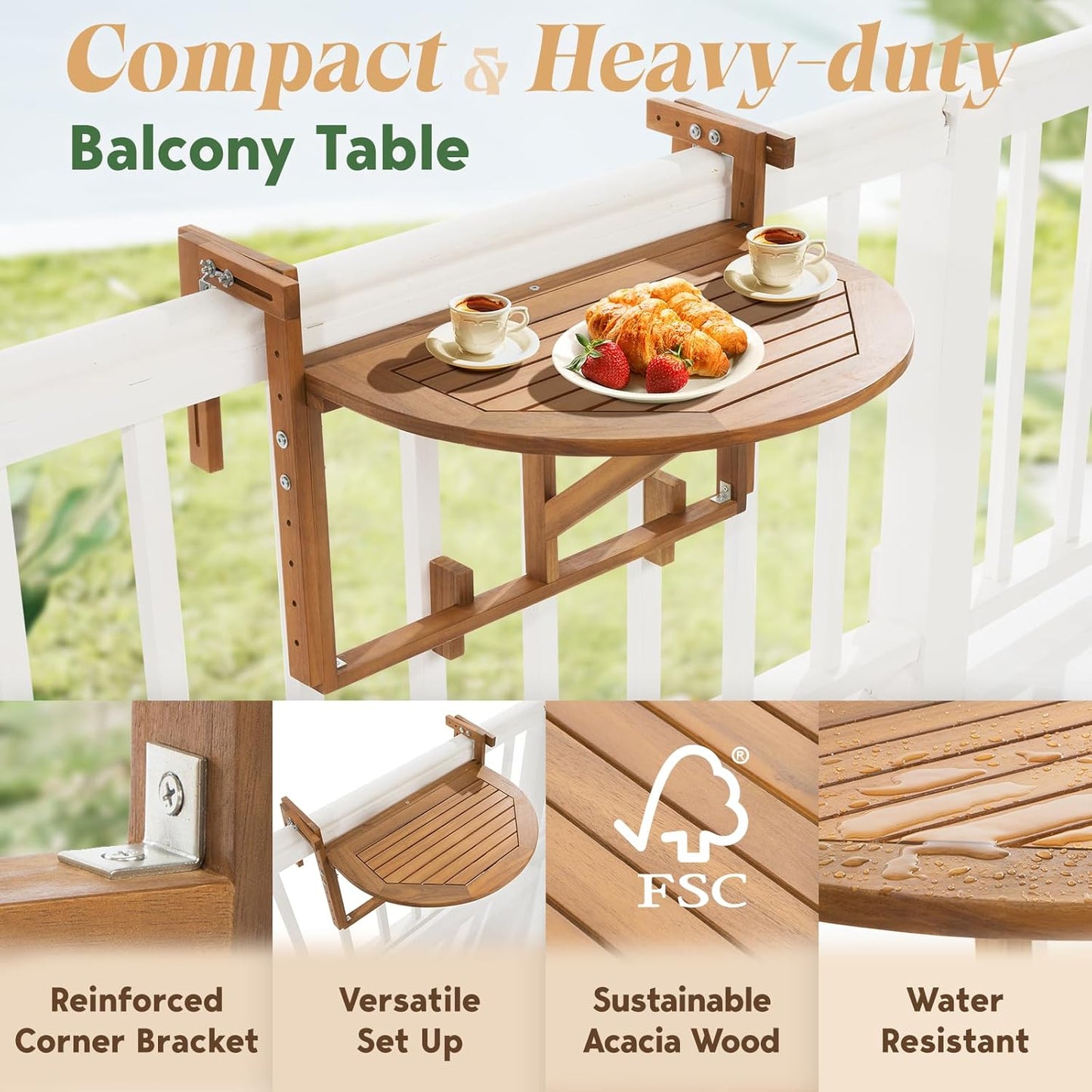 IDZO FSC Acacia Wood Folding Balcony Bar Table for Railings, Adjustable Height & Width, Teak Brush Finish Durable Against Weather, Ideal Spacious Dimension of 27 9/16 x 21 5/8 Inch, Half-Round Design