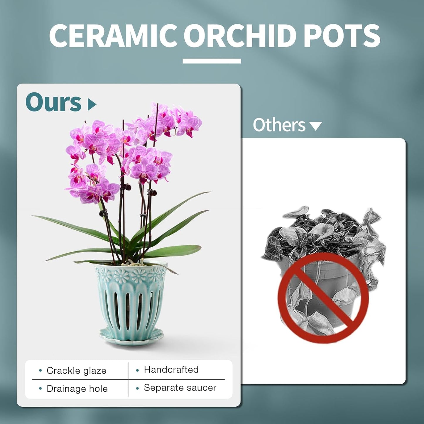 5" Ceramic Orchid Pot with Holes | Crackle Glazed Pot with Drainage and Separate Saucer | Ideal Plant Pot for Repotting Orchids and Other Flowers (Blue)