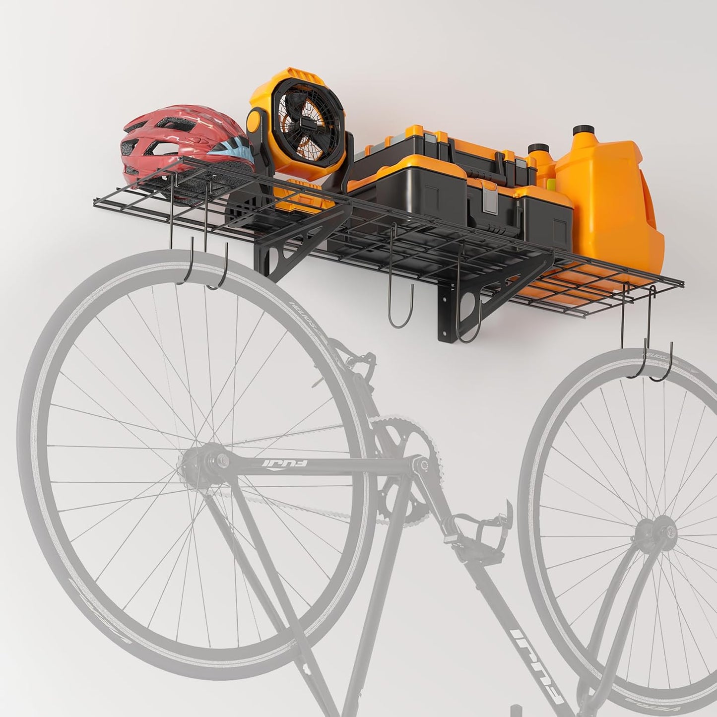 1x4 ft Garage Shelving with 6 Bike Hooks, 1-Pack Wall-Mounted Shelve for Garage, Kitchen, Pantry Storage, 150 lbs Total Load Capacity Wall Shelving, Black