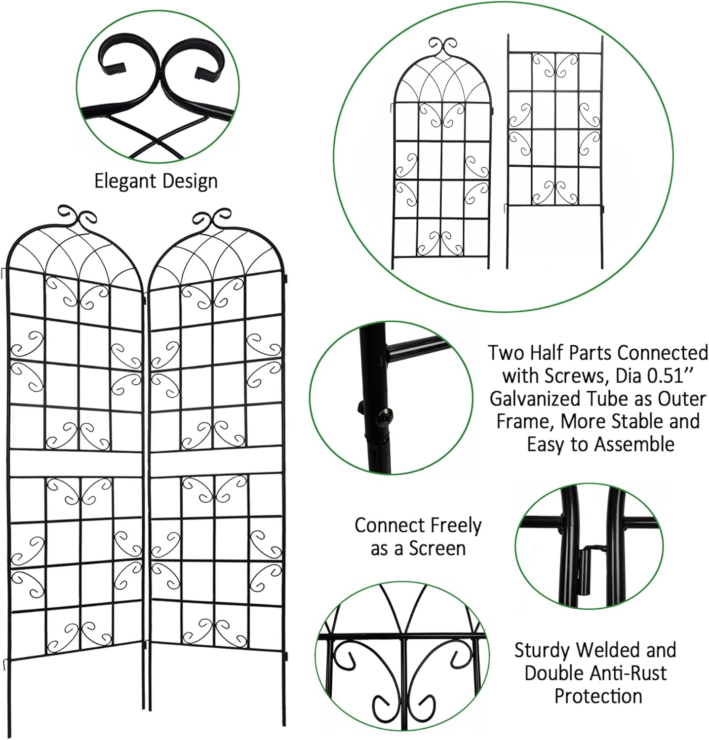 4 Pack Metal Garden Trellis 86.7" H Garden Fence Rustproof Trellis for Climbing Plants Support Roses Flower Outdoor Lawn Black