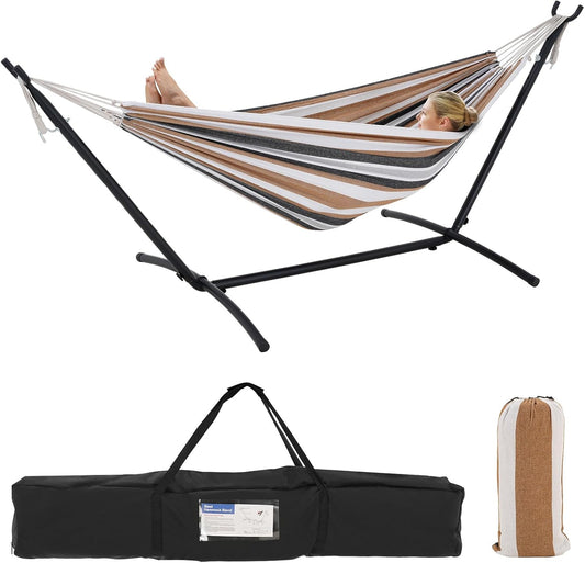 Double Hammock with Stand Included 450lb Capacity Space Saving Steel Stand,Premium Carry Bag Included,Suit for Outside,Indoor,Yard,Camping(Coffee).