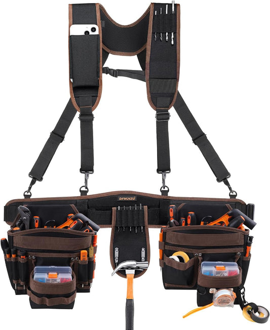 Tool Belts for Men, 36 Pockets Tool Belt with Suspenders, Heavy Duty Tool Belt Suspenders with Detachable & Adjustable Tool Pouches Bag for Electrician, Carpenter, Construction, Framers(35"-61")