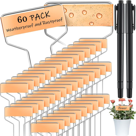 Moxweyeni 60 Pcs Metal Garden Tags Plant Labels for Garden Waterproof Plant Markers with 2 Permanent Pen Planting Nursery Garden Tags Reusable Garden Labels Stake for Plants (Copper Color,4 Inch)