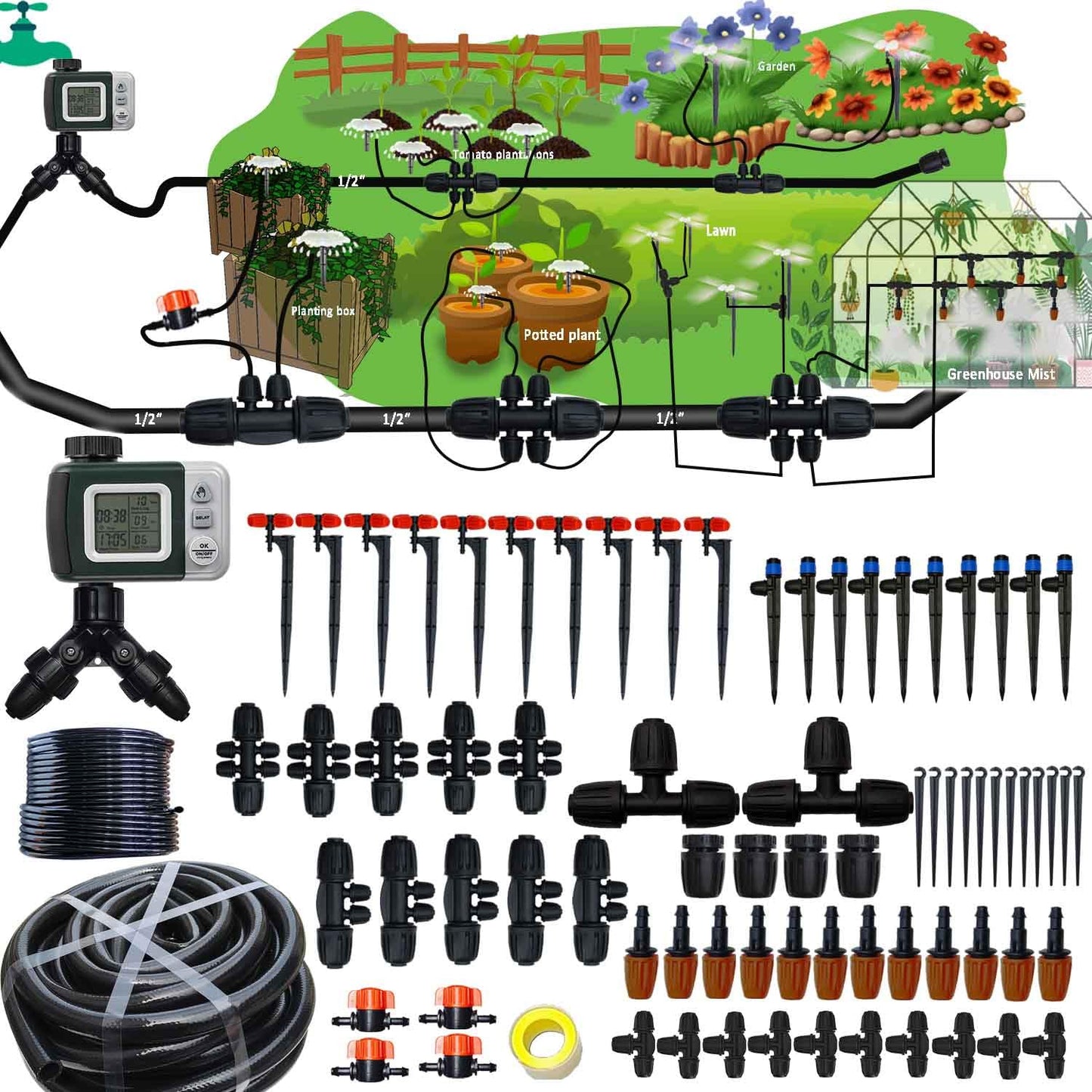 160Ft Drip Irrigation System with Water Timer for Garden, Main Water Hose ID 1/2inch 30Ft, 1/4in 130Ft, Sufficient Water Pressure, Irrigation Dripper Waterflow Evenly, Easy DIY Garden Watering System
