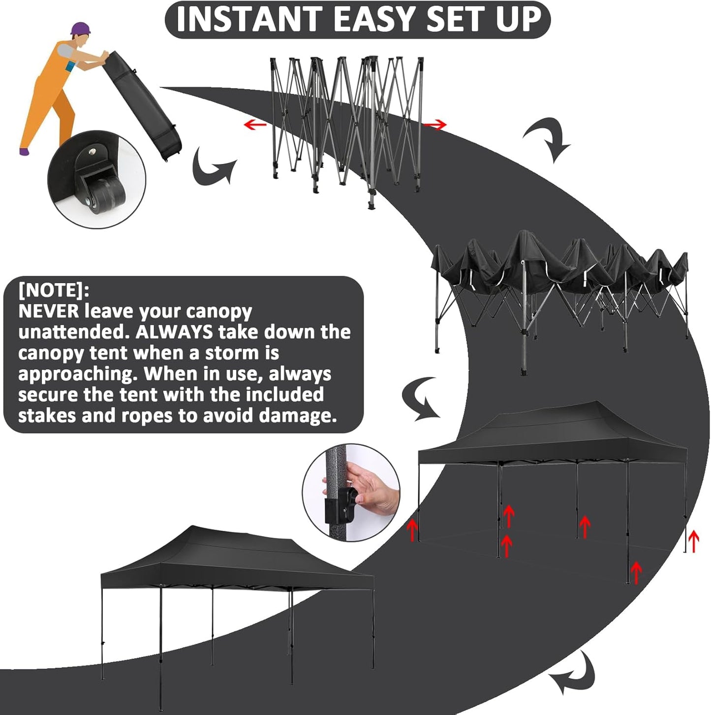 COBIZI 10x20 Pop Up Canopy Without Sidewall,Heavy Duty Canopy UPF 50+ All Season Wind Waterproof Commercial Outdoor Wedding Party Tents for Parties Canopy Gazebo with Roller Bag(10 x 20 ft Black)