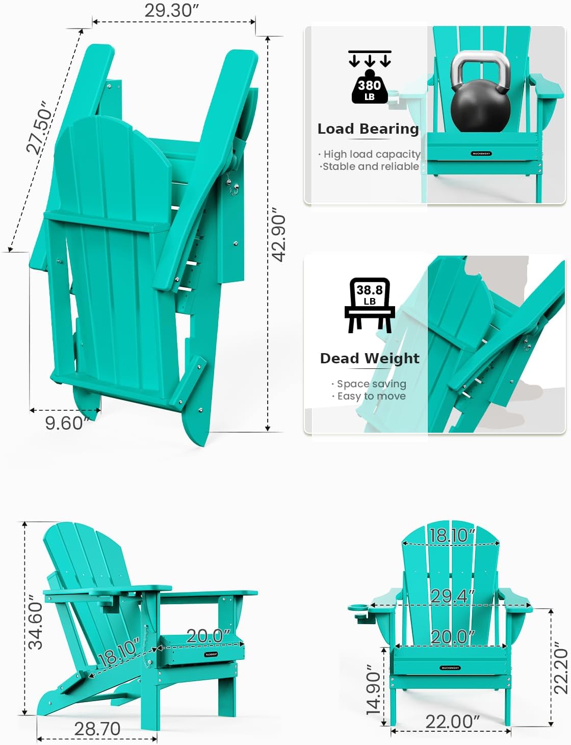 MUCHENGHY Folding Adirondack Chairs 6 Pack, Patio Chairs, Outdoor Chairs, Adirondack Chair Plastic, Fire Pit Chairs, Weather Resistant with Cup Holder for Deck, Backyard, Garden(Lake Blue)