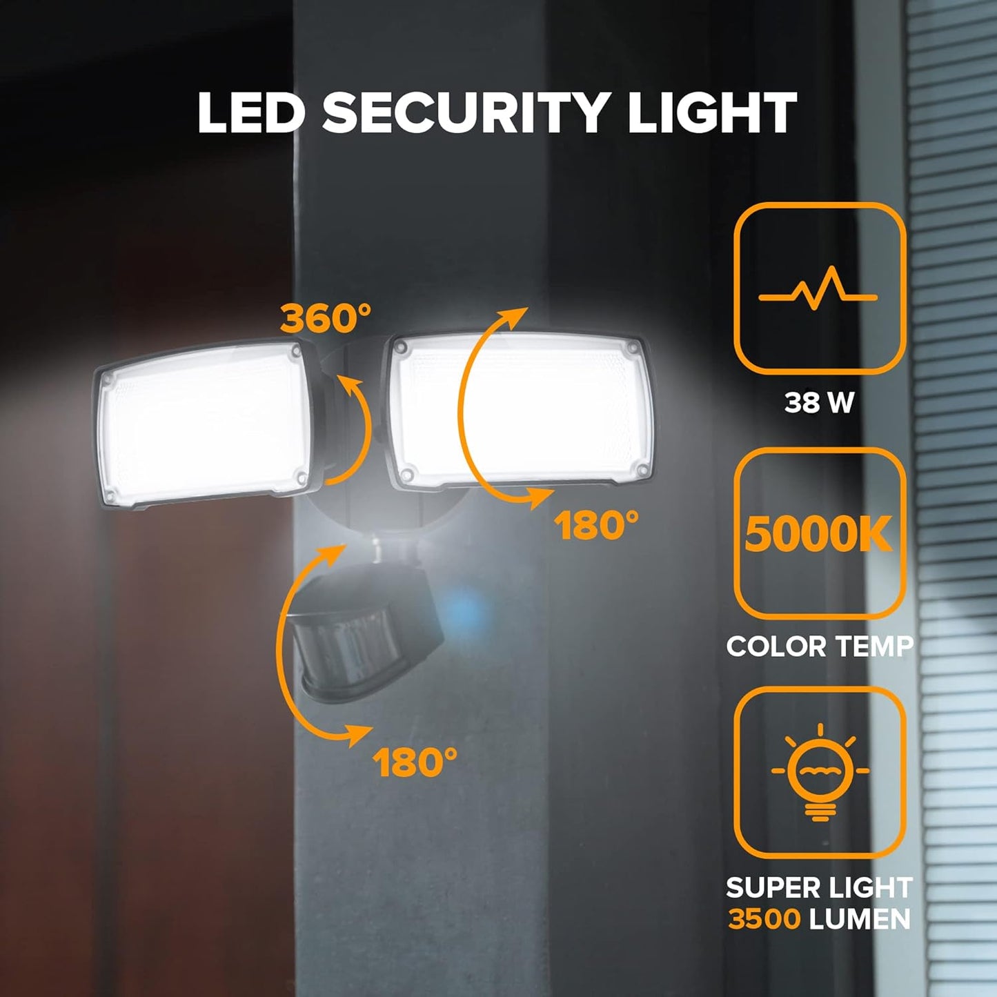 LUTEC 38W 3500 Lumen LED Motion Activated Integrated Dual-Head Floodlight Outdoor with Motion Sensor, 5000K Daylight, Dusk to Dawn, Exterior Security Wall Light for Patio, Garden, Yard(Black)