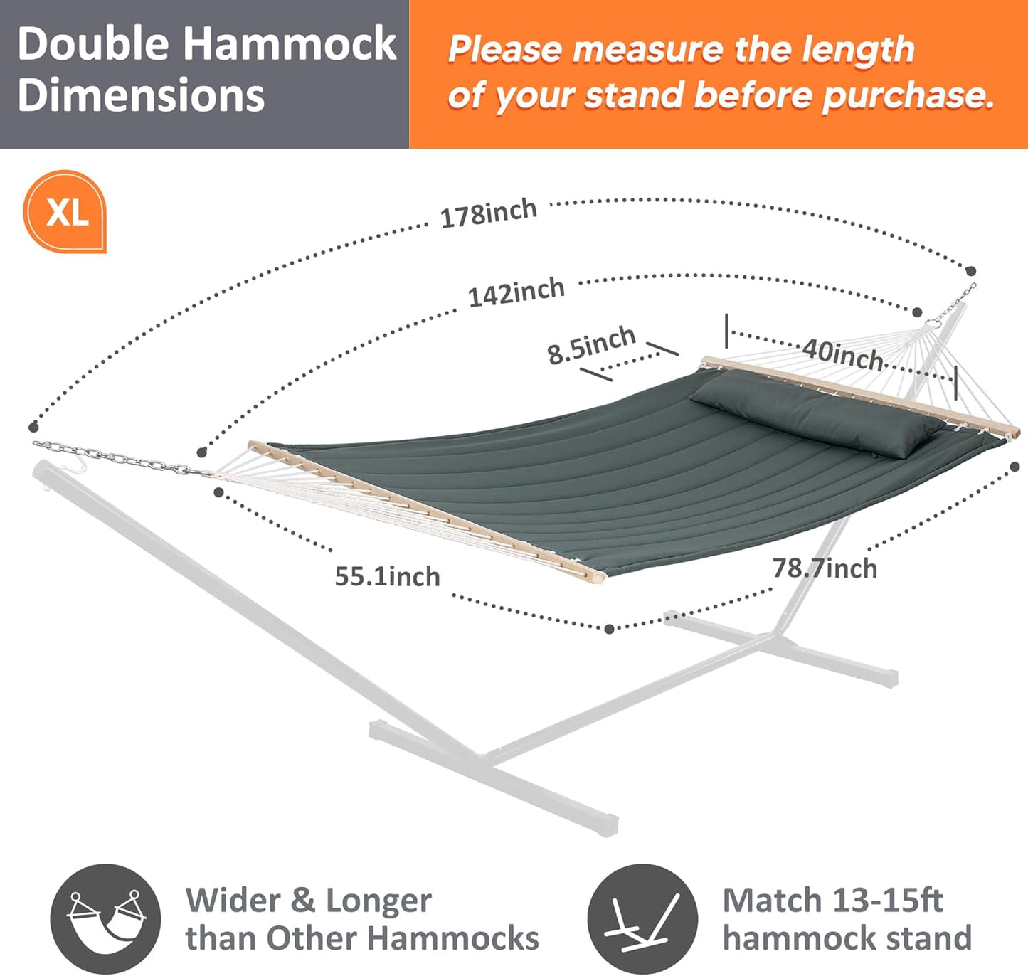 SUNCREAT Double Hammock for 2 Person, Extra Large Outdoor Portable Hammock with Hardwood Spreader Bar, Soft Pillow, 475 lbs Capacity, Gray Green