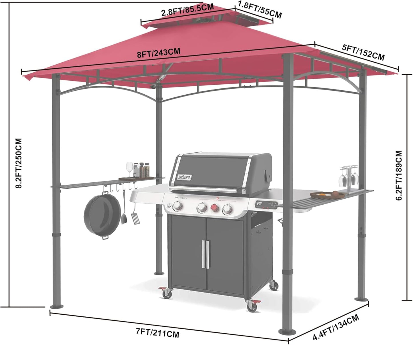 MASTERCANOPY 8 x 5 Grill Gazebo Outdoor BBQ Gazebo Canopy with 2 LED Lights (Burgundy)