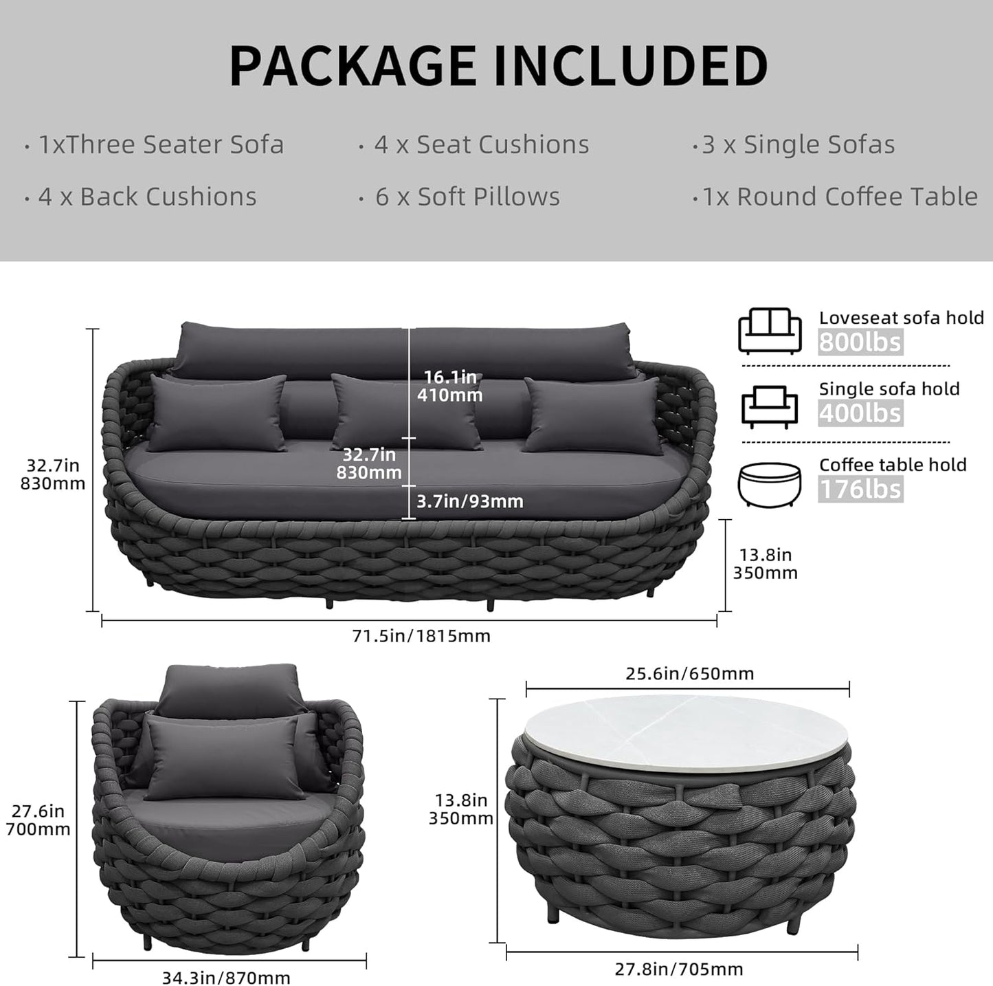 Outdoor Patio Furniture Set-5 Pieces Aluminum Sectional Sofa, Metal Patio Conversation Set with Threeseat & Armchair, Textile Rope and Coffee Table, Dark Grey