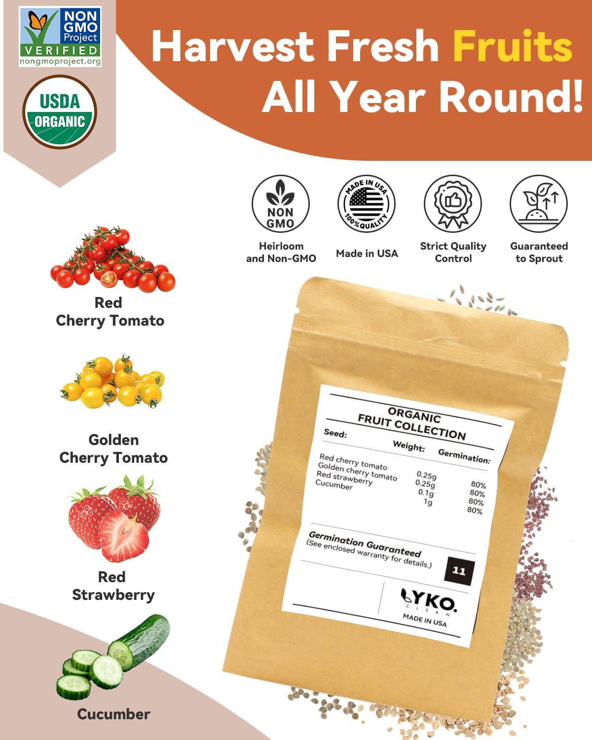 Fruits Seed Pod Kit for AeroGarden, Ahopegarden, iDoo, GARDENCUBE, MUFGA with Strawberry, Cucumber, Red/Golden Cherry Tomato, Compatible with All Indoor Hydroponics Growing System, 16-Pod