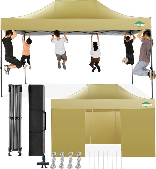 COBIZI 10x15 Pop Up Canopy with 4 Sidewall,Heavy Duty Canopy UPF 50+ All Season Wind Waterproof Commercial Outdoor Wedding Party Tents for Parties Gazebo with Carry Bag(10 x 15 ft Khaki)