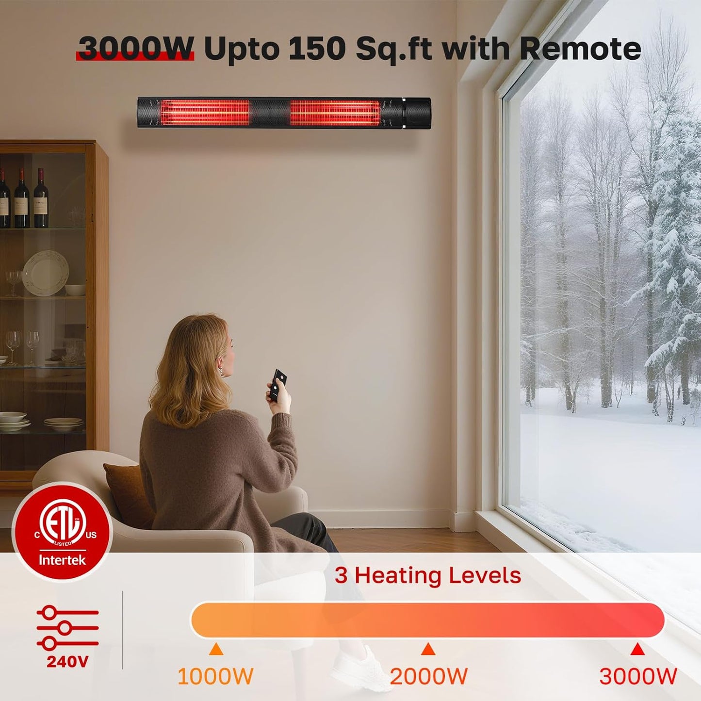 ThermoMate Infrared Heater, Outdoor Heater for Patio, Garage, Restaurant, 3000W Golden Halogen 240V with Remote, ETL Certified Black