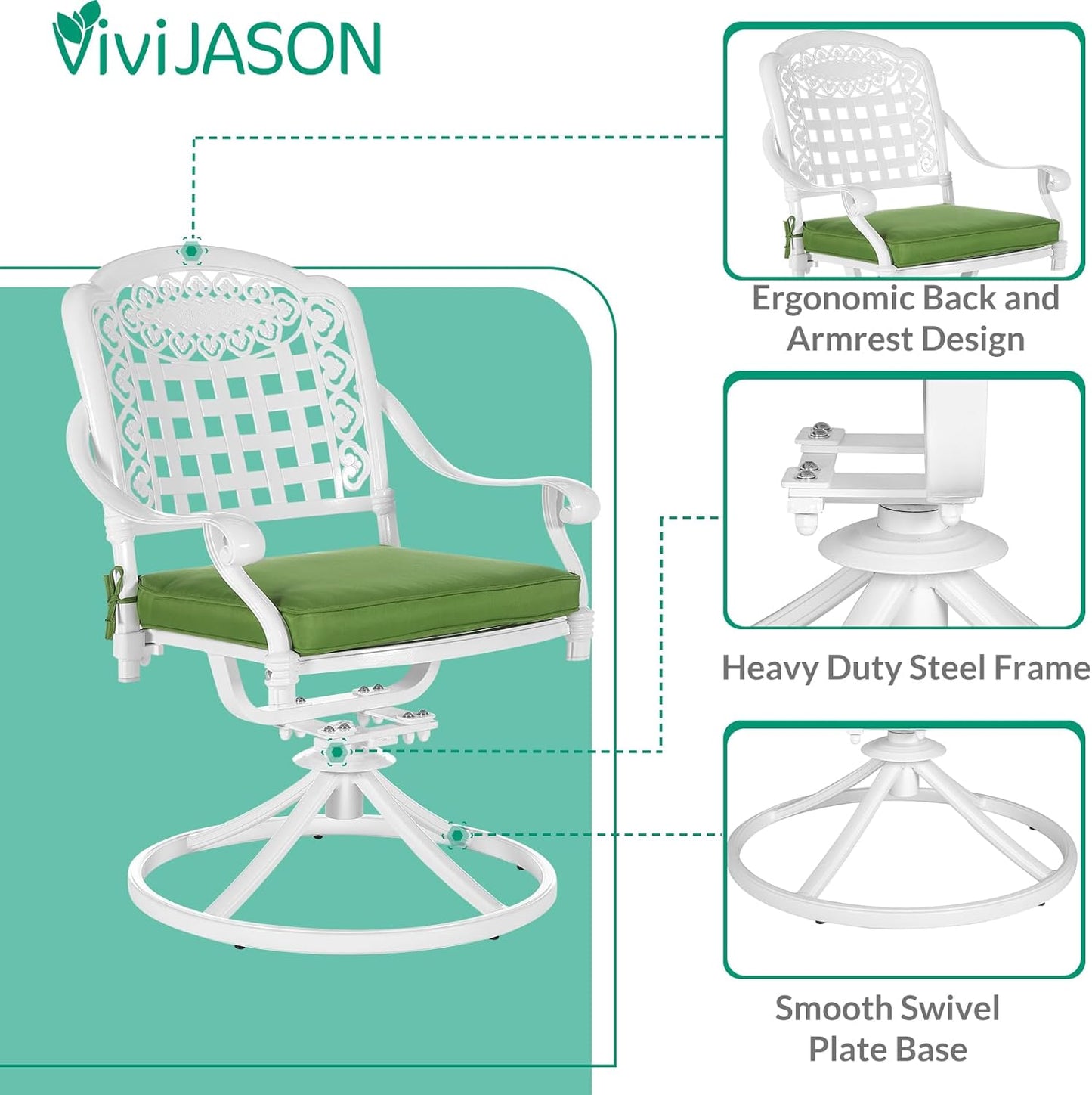 VIVIJASON 3-Piece Patio Bistro Set, Outdoor All-Weather Cast Aluminum Furniture Dining Set, Include 2 Swivel Rocker Chairs and 31" Round Table w/Umbrella Hole for Balcony, Lawn, Garden, White