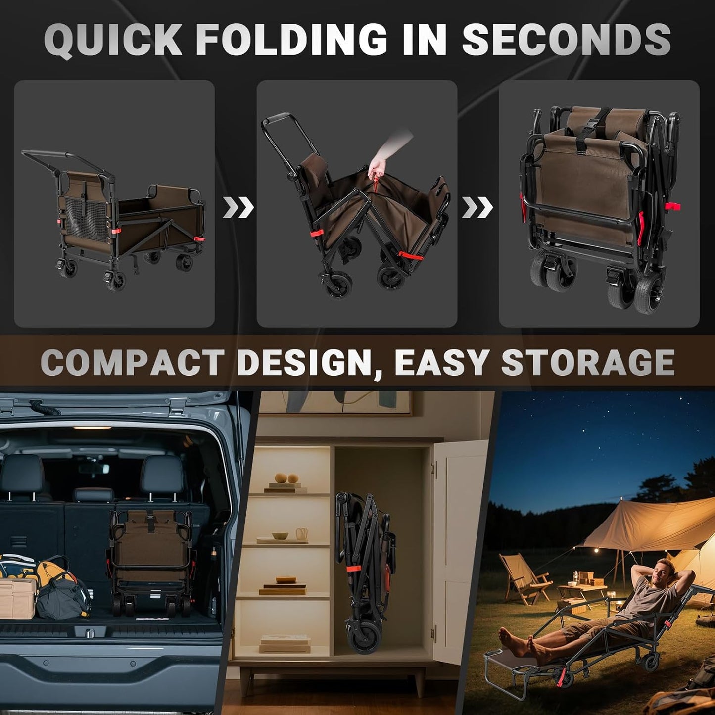 LEVELEVE Heavy Duty Folding Wagon - 2-in-1 Collapsible Cart, 400lb Capacity, All-Terrain Wheels w/Brakes & Side Pockets (Brown)