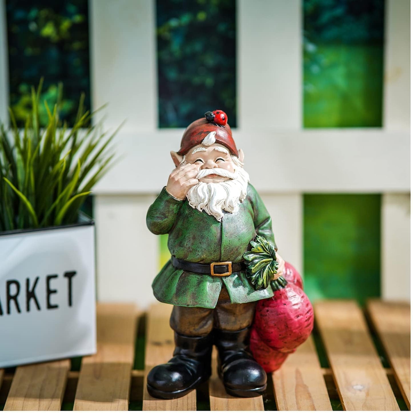 Topadorn Gnomes Figurine Resin Sculpture Garden Gnome Drag a Brunch of Radishes Statue with a Ladybug for Indoor Outdoor Decor, Radish Harvest 10 Inch, Weatherproof Garden Gnome Yard Statue Decor