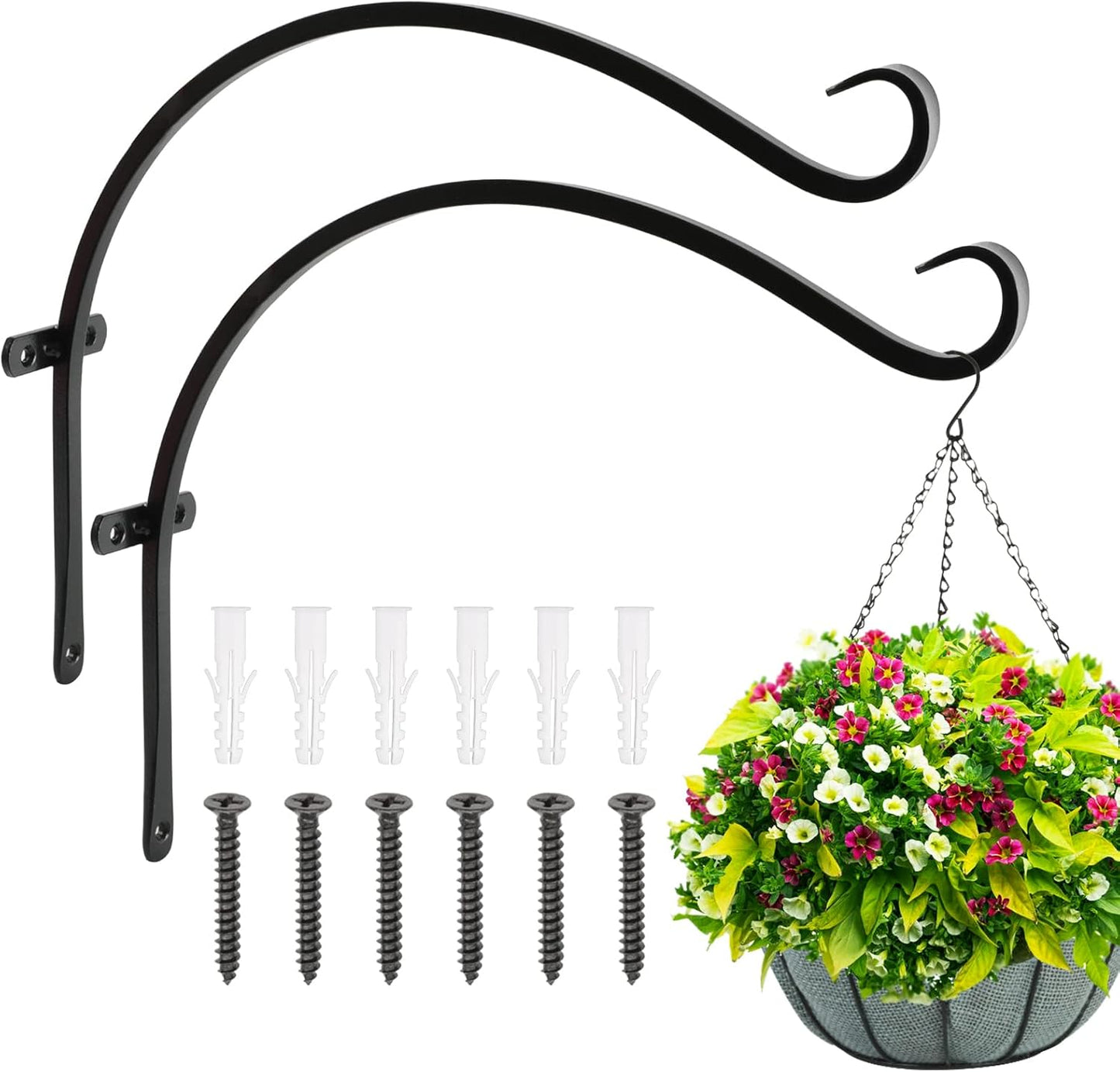 FEED GARDEN 18 Inch 2 Pack Outdoor Hanging Plant Bracket for Bird Feeders, Wind Chimes, Lanterns, Heavy Duty Metal Iron Wall Hooks with 6 Screws
