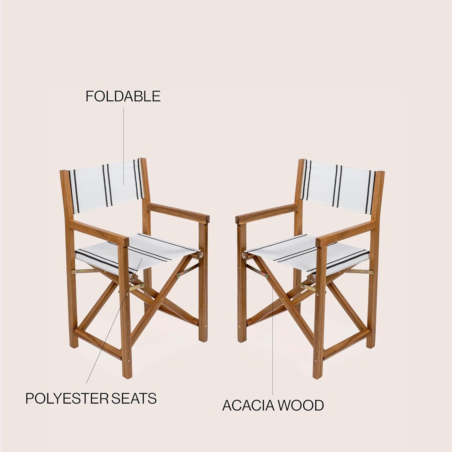 JONATHAN Y DRC1001B-SET2 Cukor Classic Vintage Outdoor Acacia Wood Folding Director Chair with Canvas Seat Mid-Century, Modern, Traditional, Classic, Coastal, White/Black Stripe/Teak Brown (Set of 2)
