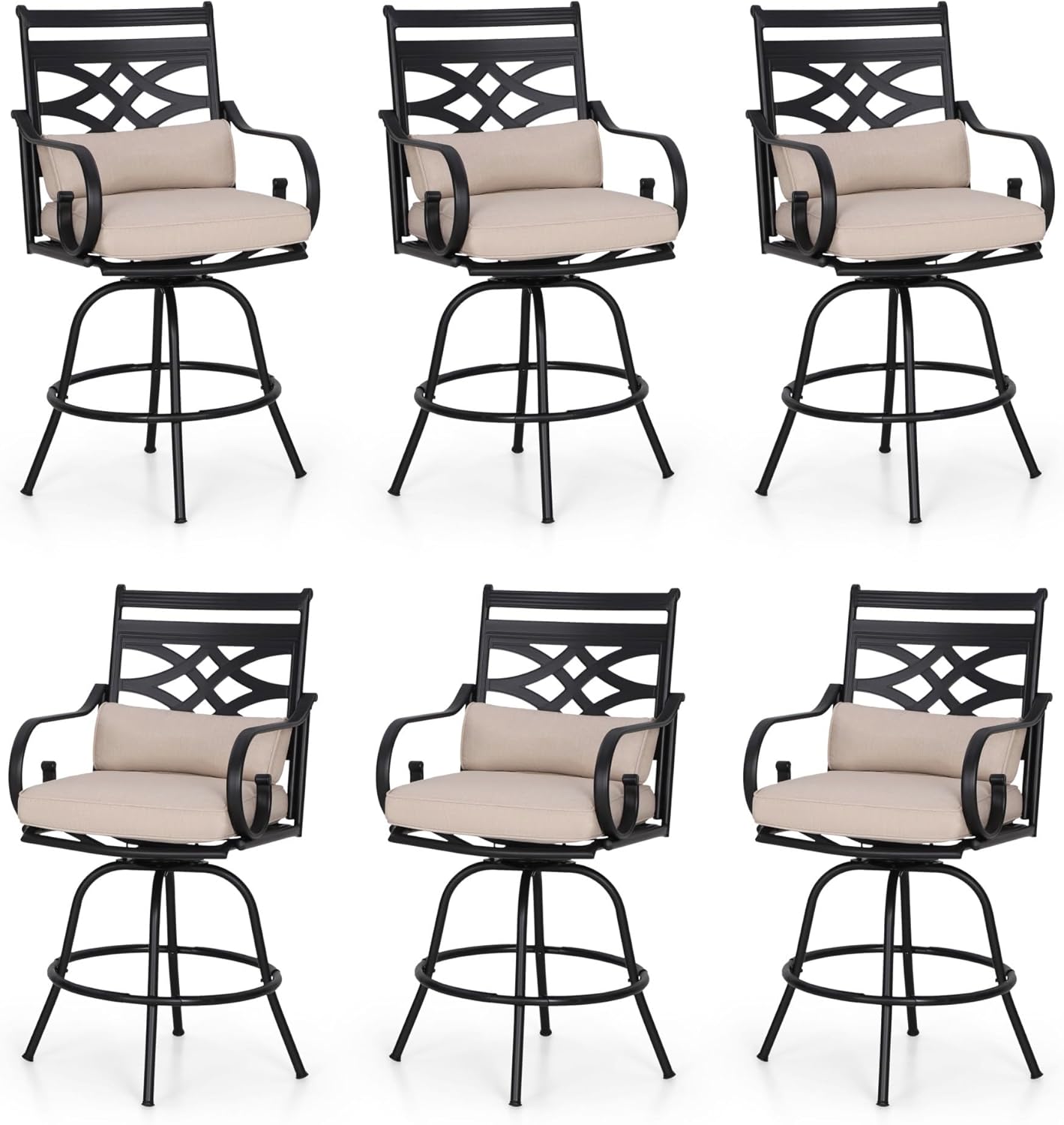 PHI VILLA Outdoor Swivel Bar Stools Set of 6，Patio Counter Height Bar Chairs with Back and Armrest，Metal,Black